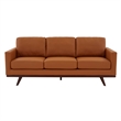 LeisureMod Chester Modern Faux Leather Sofa with Birch Wood Base Cognac Tan