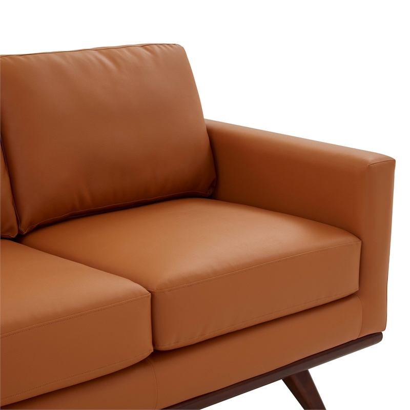 LeisureMod Chester Modern Faux Leather Sofa with Birch Wood Base Cognac Tan