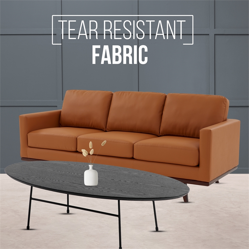 LeisureMod Chester Modern Faux Leather Sofa with Birch Wood Base Cognac Tan