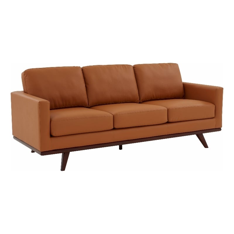 LeisureMod Chester Modern Faux Leather Sofa with Birch Wood Base Cognac Tan