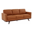 LeisureMod Chester Modern Faux Leather Sofa with Birch Wood Base Cognac Tan