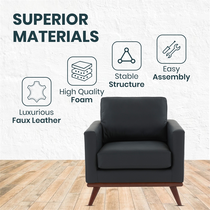LeisureMod Chester Modern Faux Leather Arm Chair With Birch Wood Base Black