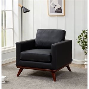 LeisureMod Chester Modern Faux Leather Arm Chair With Birch Wood Base Black