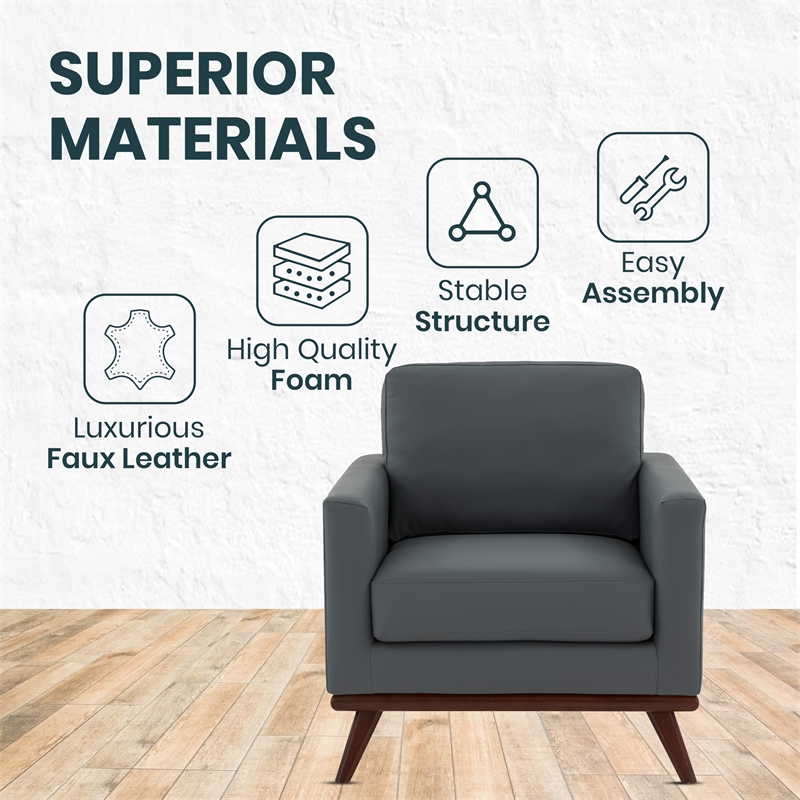 LeisureMod Chester Modern Faux Leather Arm Chair With Birch Wood Base Gray