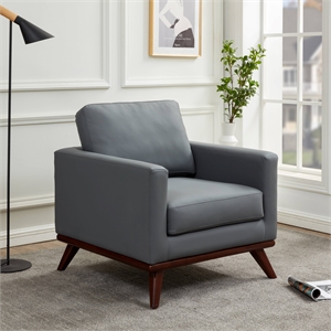 LeisureMod Chester Modern Faux Leather Arm Chair With Birch Wood Base Gray