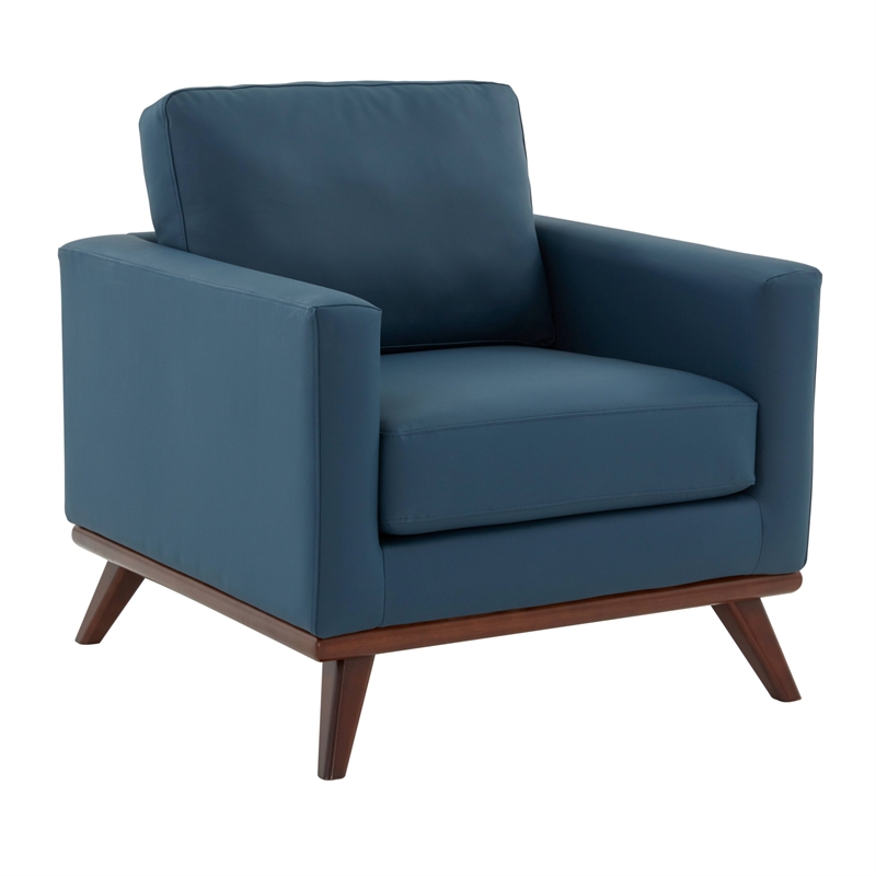 LeisureMod Chester Modern Faux Leather Arm Chair With Birch Wood Base Navy Blue