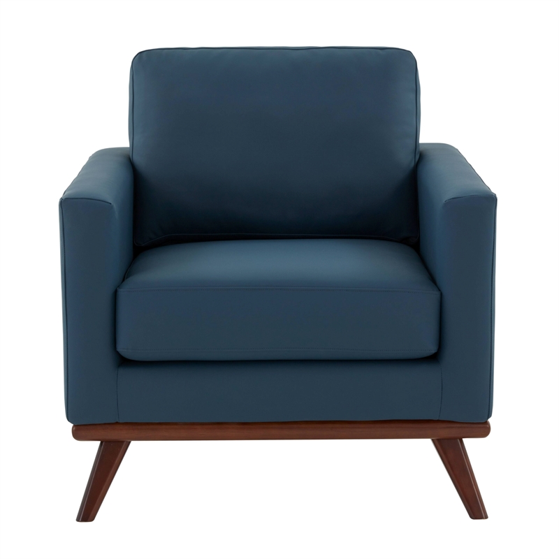 LeisureMod Chester Modern Faux Leather Arm Chair With Birch Wood Base Navy Blue