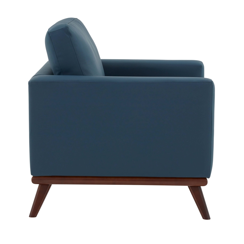 LeisureMod Chester Modern Faux Leather Arm Chair With Birch Wood Base Navy Blue