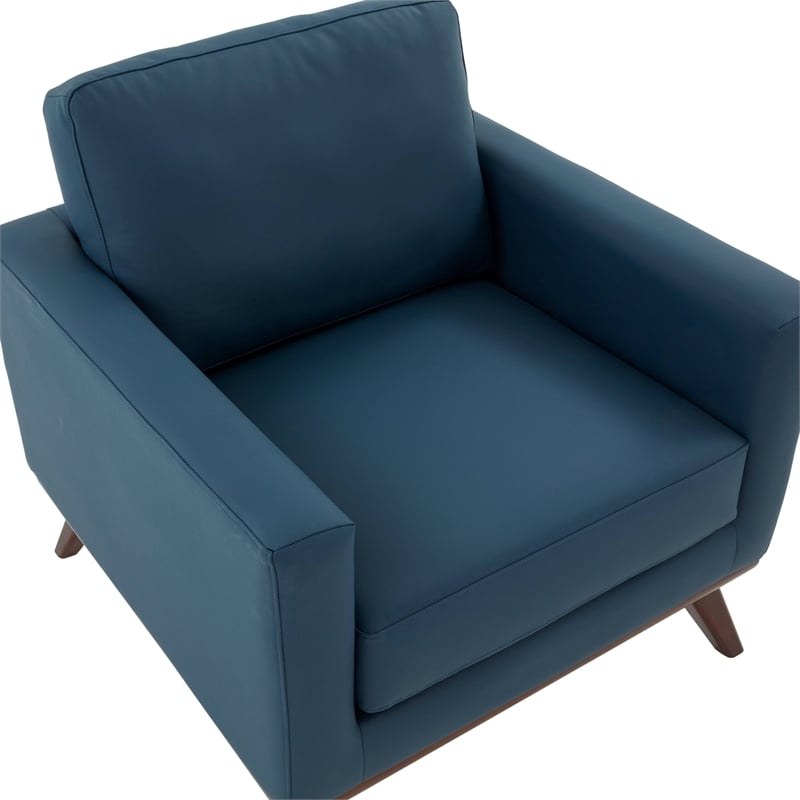 LeisureMod Chester Modern Faux Leather Arm Chair With Birch Wood Base Navy Blue