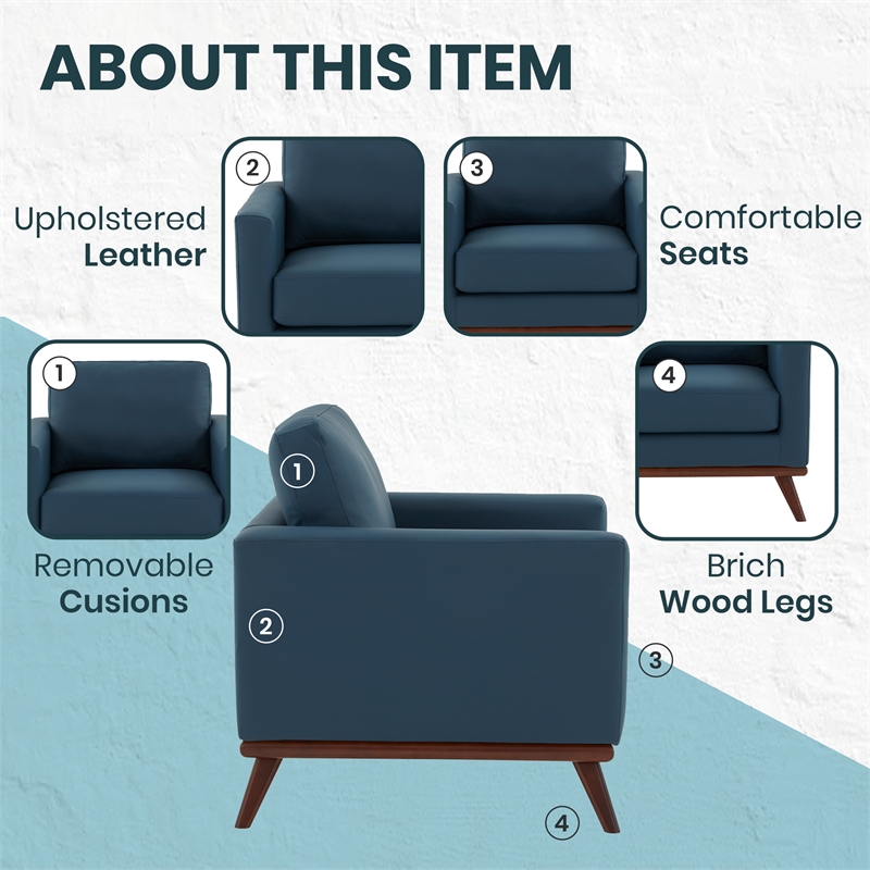 LeisureMod Chester Modern Faux Leather Arm Chair With Birch Wood Base Navy Blue