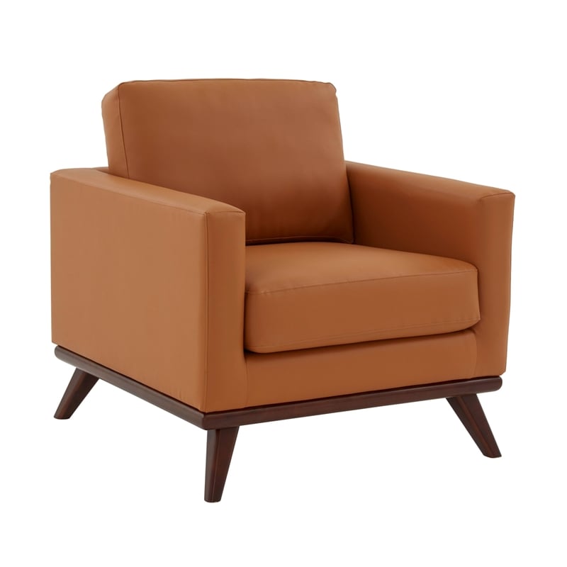 LeisureMod Chester Modern Faux Leather Arm Chair With Birch Wood Base Cognac Tan