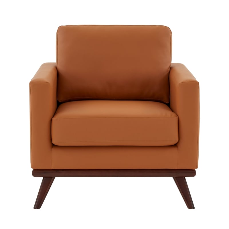 LeisureMod Chester Modern Faux Leather Arm Chair With Birch Wood Base Cognac Tan