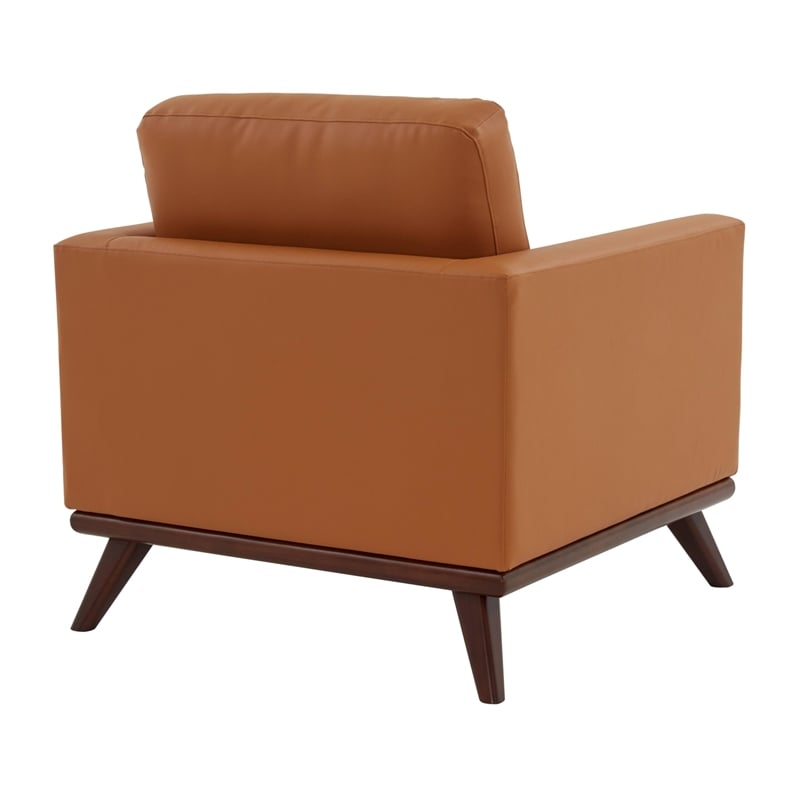 LeisureMod Chester Modern Faux Leather Arm Chair With Birch Wood Base Cognac Tan