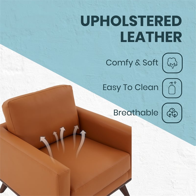 LeisureMod Chester Modern Faux Leather Arm Chair With Birch Wood Base Cognac Tan