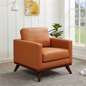 LeisureMod Chester Modern Faux Leather Arm Chair With Birch Wood Base Cognac Tan