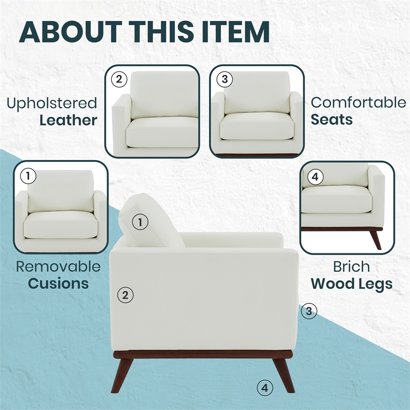 LeisureMod Chester Modern Faux Leather Arm Chair With Birch Wood Base White