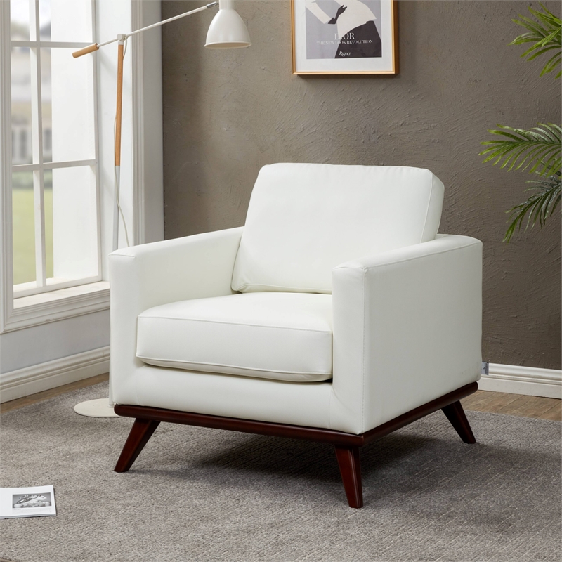 LeisureMod Chester Modern Faux Leather Arm Chair With Birch Wood Base White
