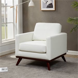 LeisureMod Chester Modern Faux Leather Arm Chair With Birch Wood Base White