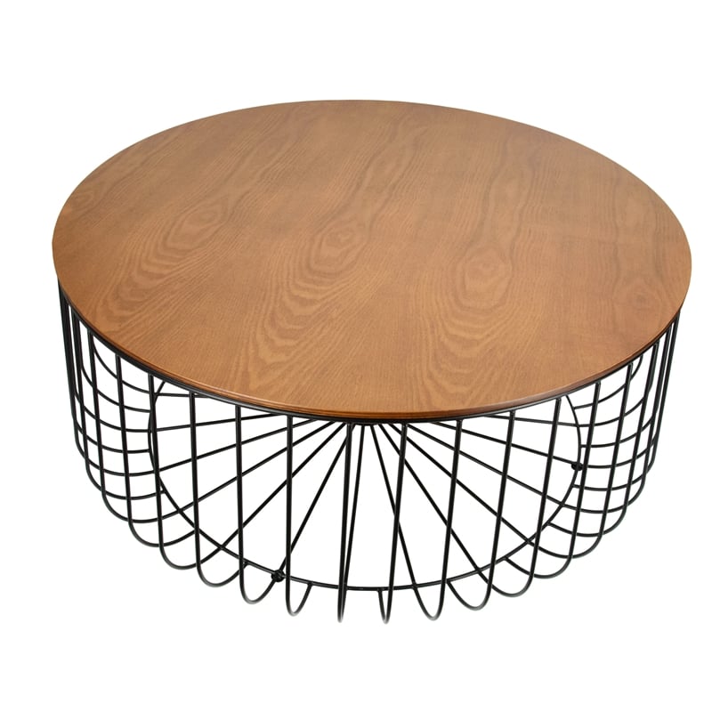 LeisureMod Runswick Round Wood Top Coffee Table With Steel Base Walnut