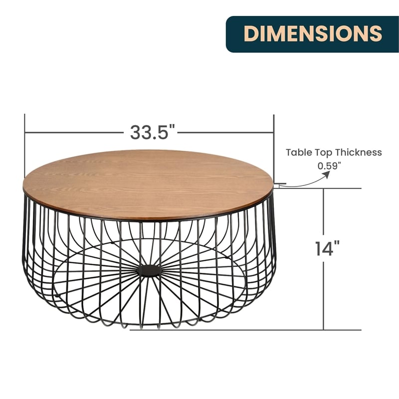 LeisureMod Runswick Round Wood Top Coffee Table With Steel Base Walnut