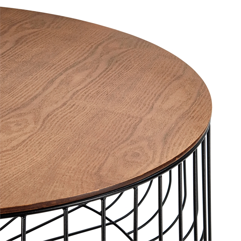 LeisureMod Runswick Round Wood Top Coffee Table With Steel Base Walnut