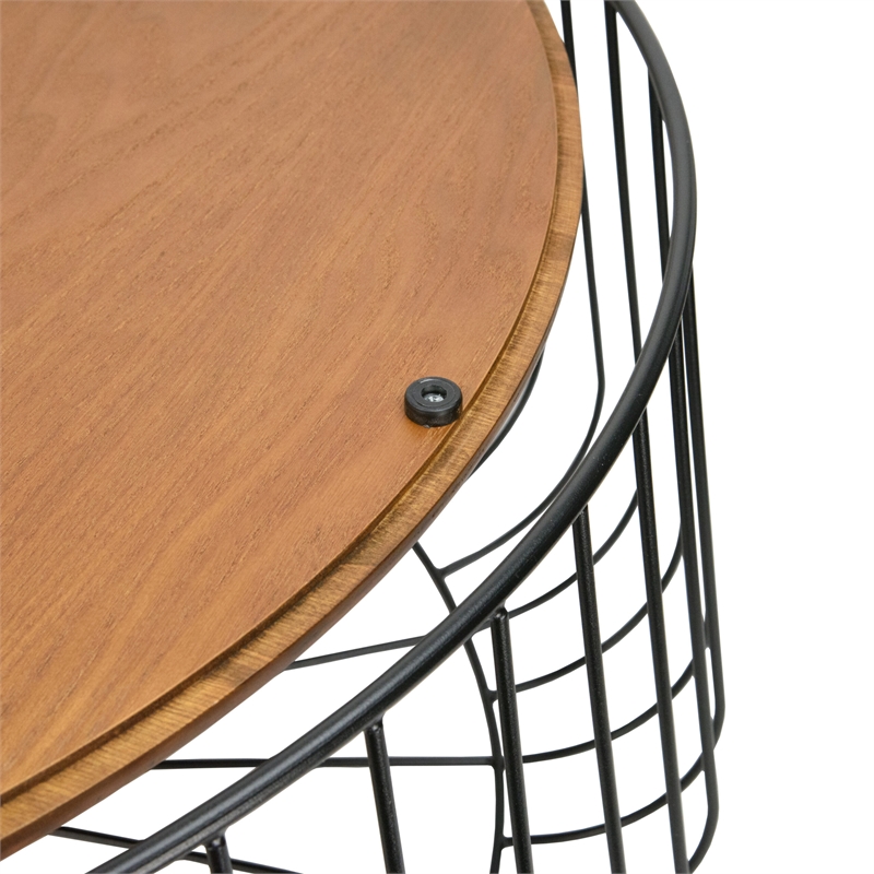 LeisureMod Runswick Round Wood Top Coffee Table With Steel Base Walnut