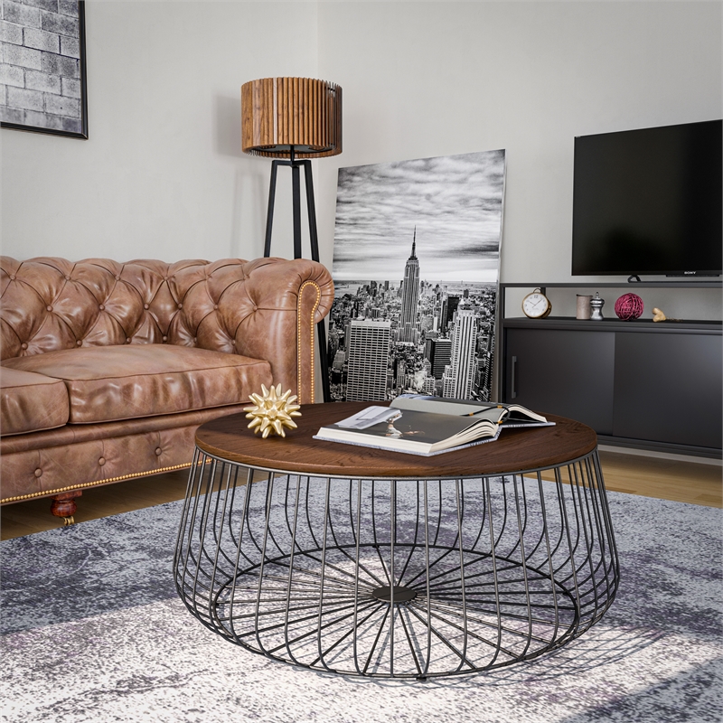 LeisureMod Runswick Round Wood Top Coffee Table With Steel Base Walnut