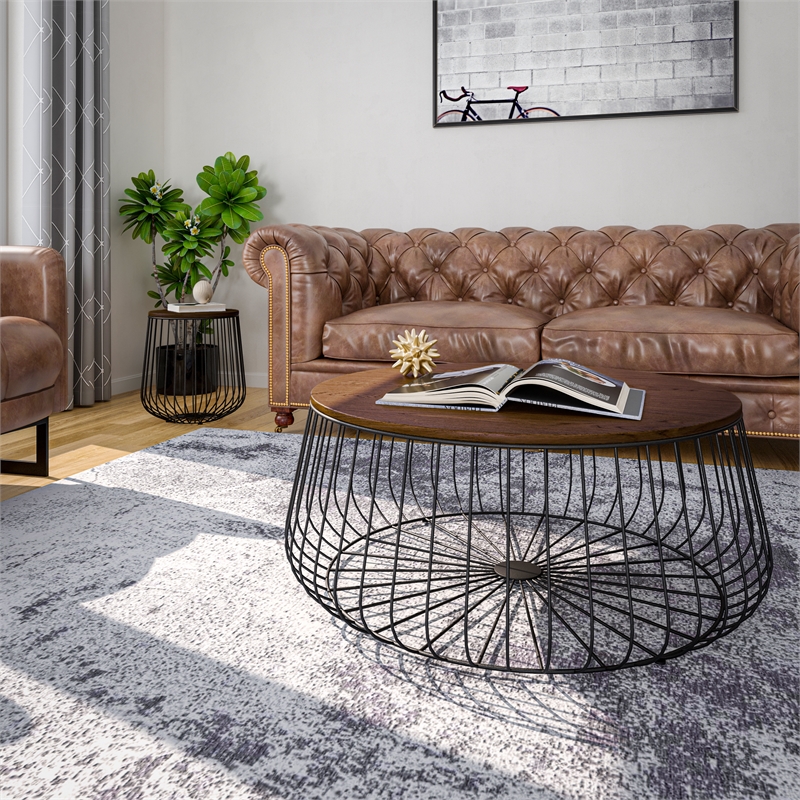 LeisureMod Runswick Round Wood Top Coffee Table With Steel Base Walnut