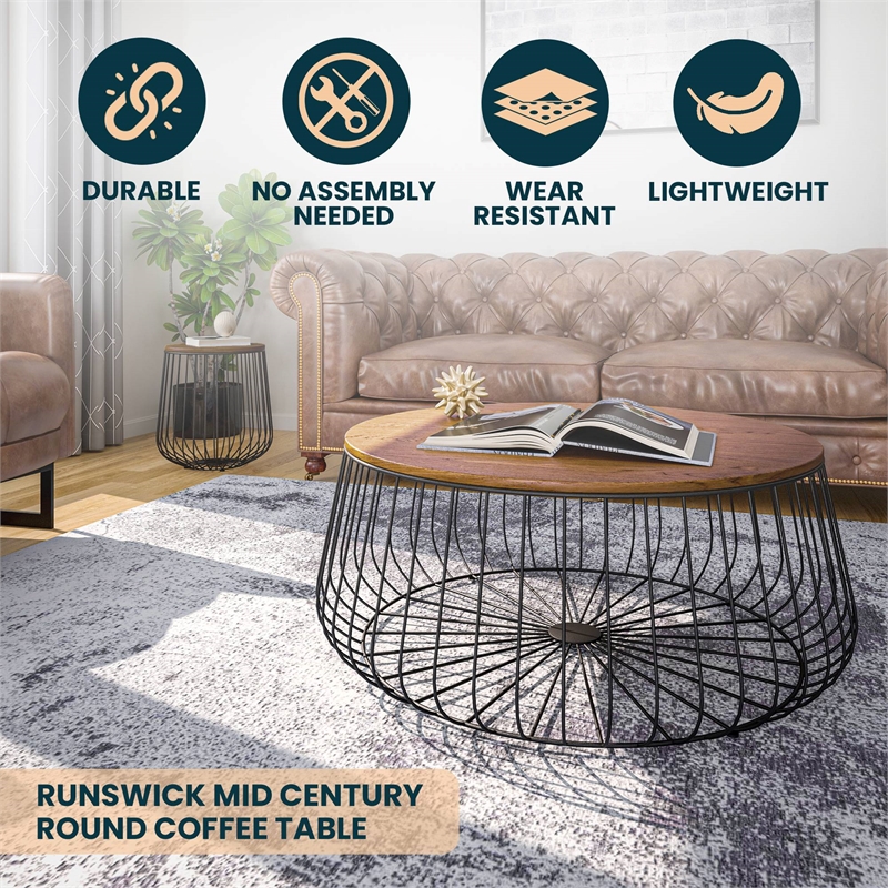 LeisureMod Runswick Round Wood Top Coffee Table With Steel Base Walnut