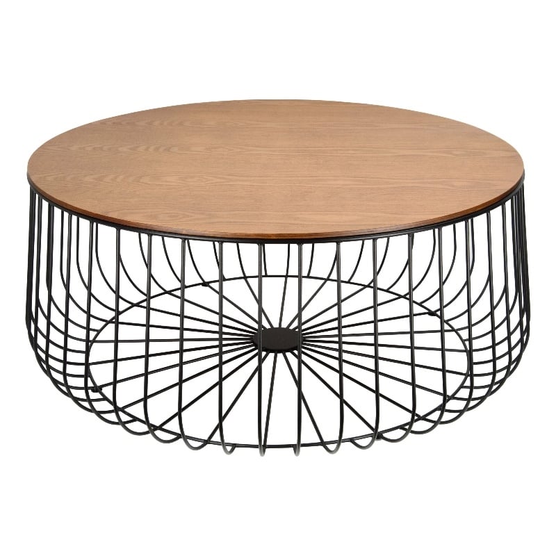 LeisureMod Runswick Round Wood Top Coffee Table With Steel Base Walnut