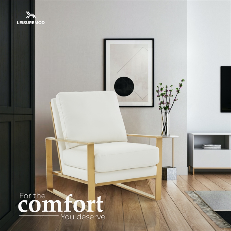 LeisureMod Jefferson Faux Leather Accent Armchair With Gold Frame White
