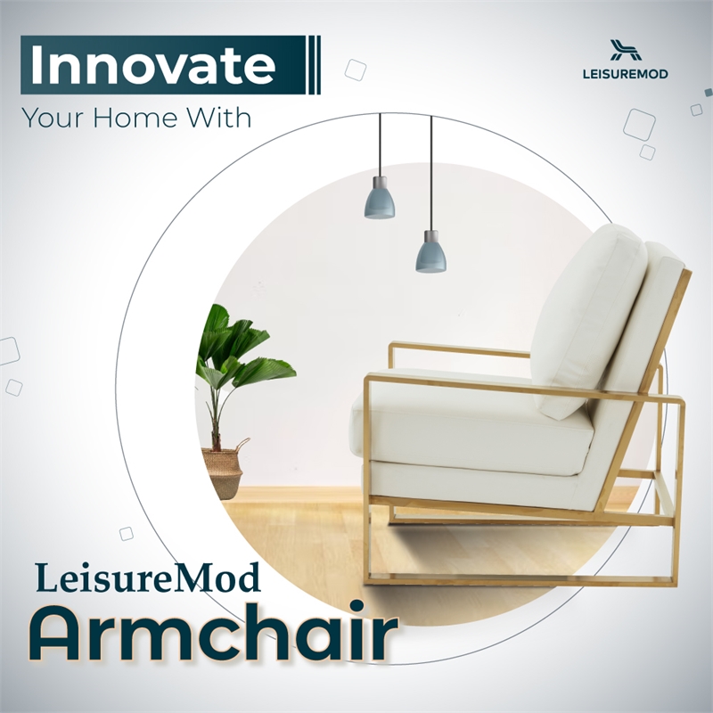 LeisureMod Jefferson Faux Leather Accent Armchair With Gold Frame White