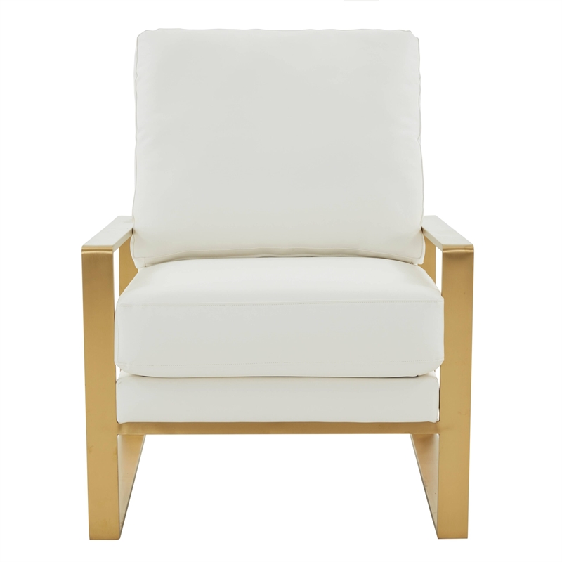 LeisureMod Jefferson Faux Leather Accent Armchair With Gold Frame White