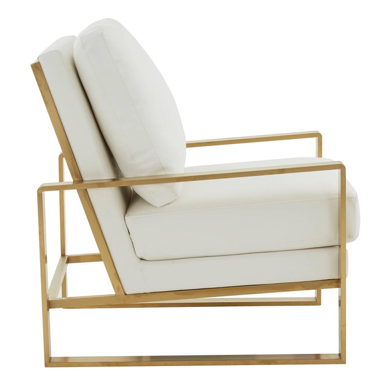 LeisureMod Jefferson Faux Leather Accent Armchair With Gold Frame White
