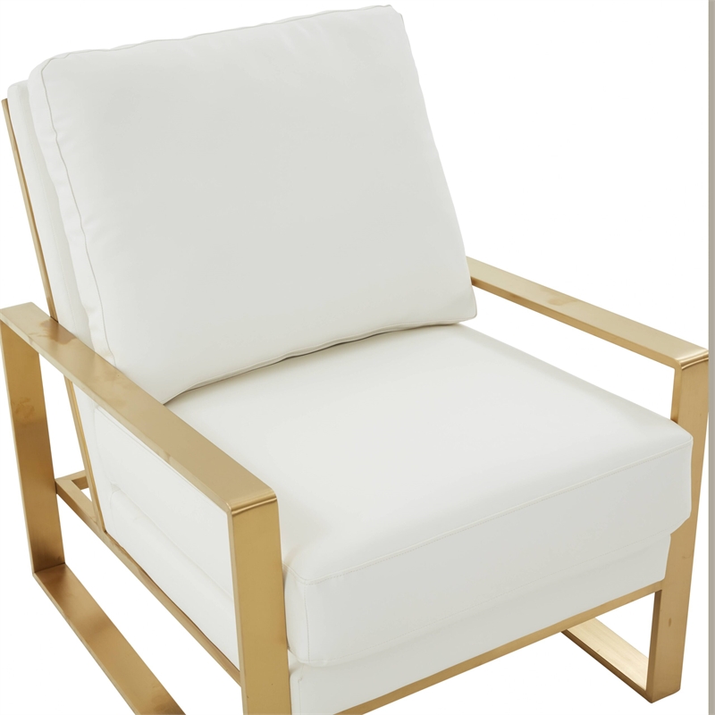 LeisureMod Jefferson Faux Leather Accent Armchair With Gold Frame White