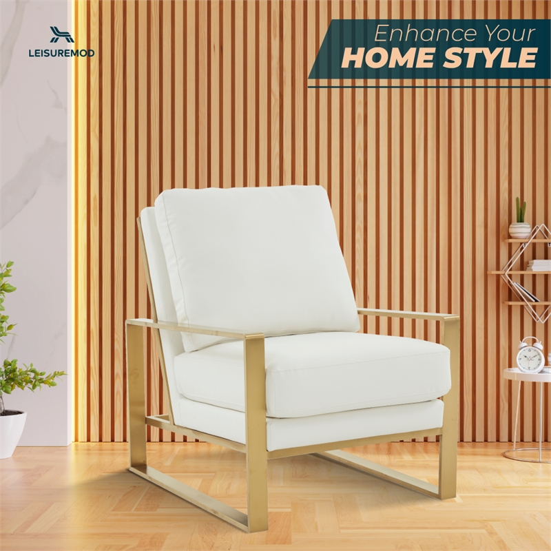 LeisureMod Jefferson Faux Leather Accent Armchair With Gold Frame White