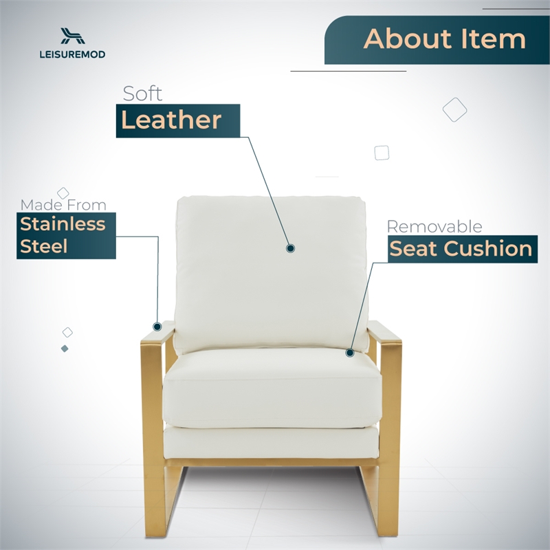LeisureMod Jefferson Faux Leather Accent Armchair With Gold Frame White