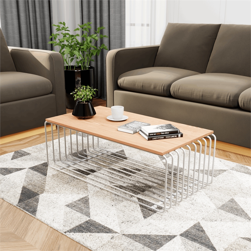 LeisureMod Walden Rectangular Wood Coffee Table Powder Coated Steel Frame White