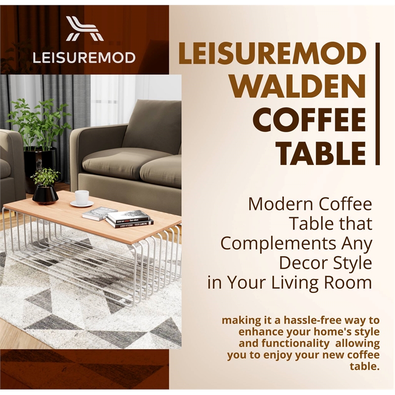 LeisureMod Walden Rectangular Wood Coffee Table Powder Coated Steel Frame White