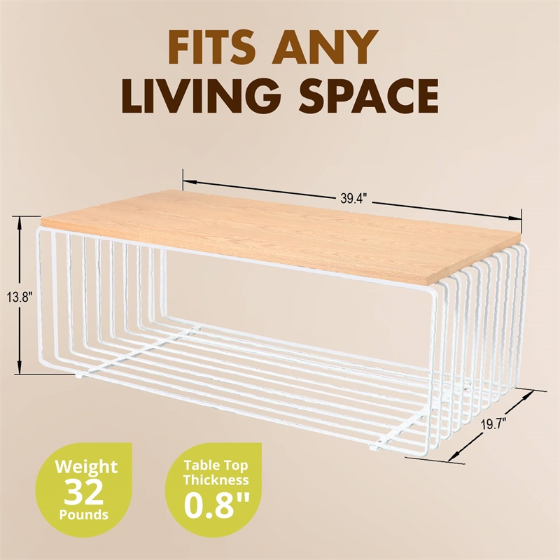 LeisureMod Walden Rectangular Wood Coffee Table Powder Coated Steel Frame White