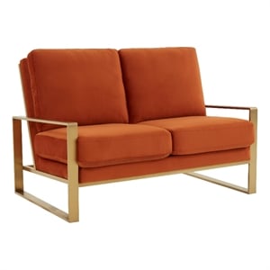 Leisuremod Jefferson Modern Design Velvet Loveseat With Gold Frame Orange