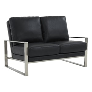 LeisureMod Jefferson Faux Leather Modern Loveseat With Gold Frame Black