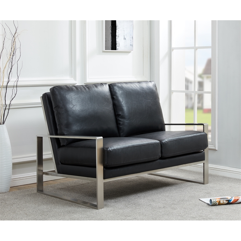 LeisureMod Jefferson Faux Leather Modern Loveseat With Gold Frame Black