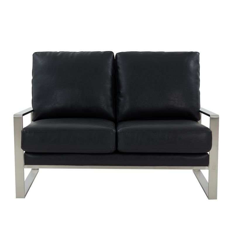 LeisureMod Jefferson Faux Leather Modern Loveseat With Gold Frame Black