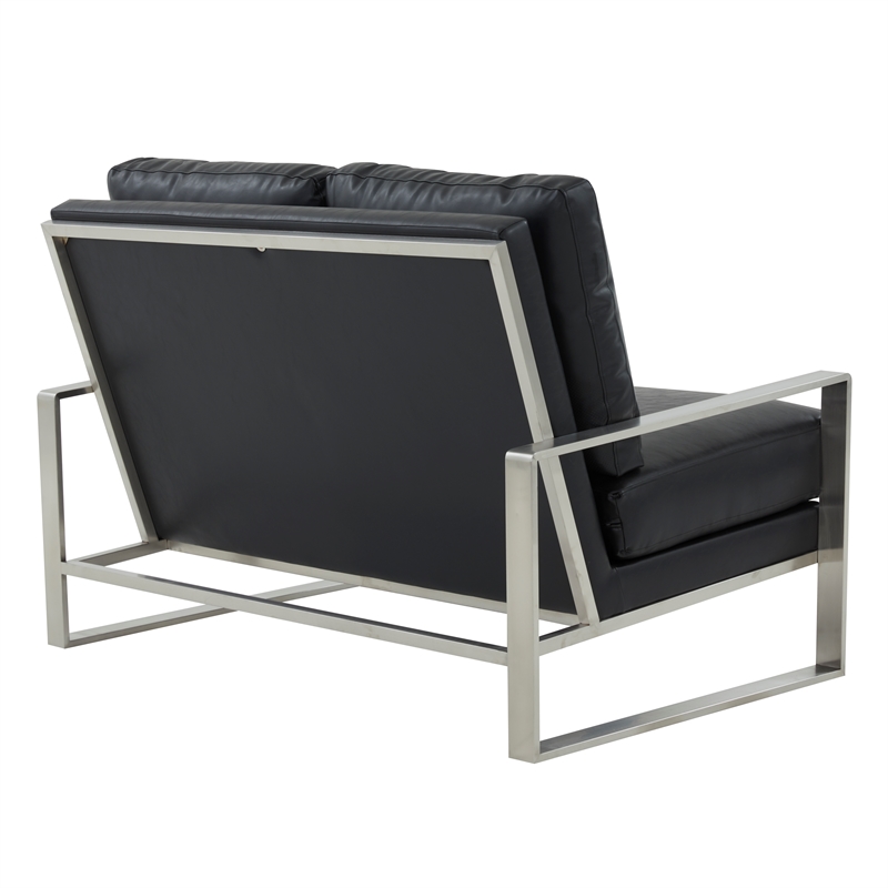 LeisureMod Jefferson Faux Leather Modern Loveseat With Gold Frame Black