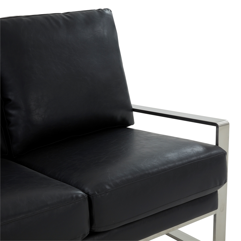 LeisureMod Jefferson Faux Leather Modern Loveseat With Gold Frame Black