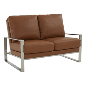 LeisureMod Jefferson Faux Leather Modern Loveseat With Gold Frame Cognac Tan