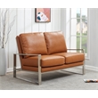 LeisureMod Jefferson Faux Leather Modern Loveseat With Gold Frame Cognac Tan