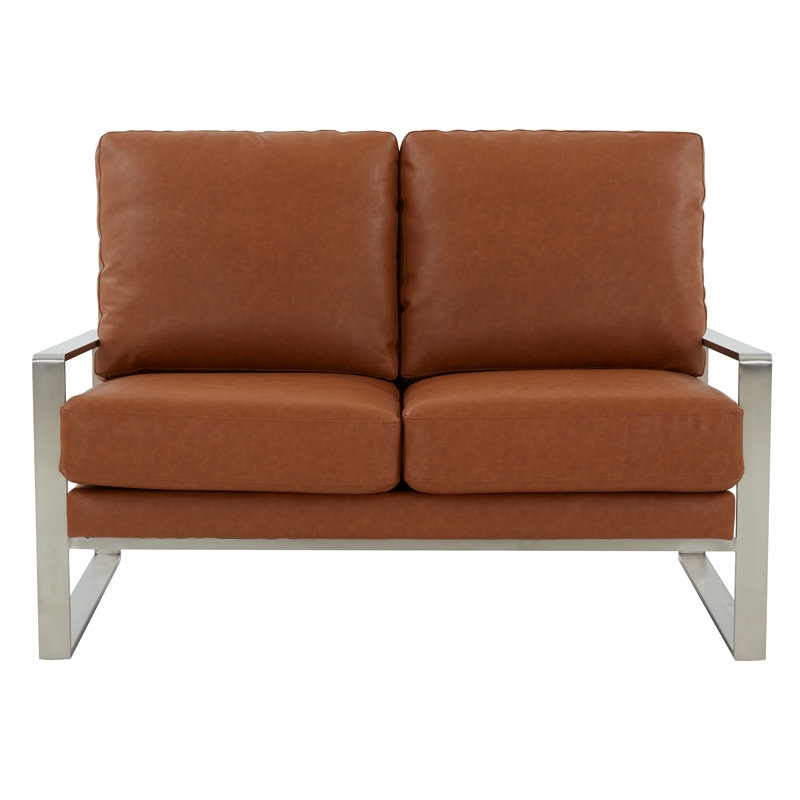 LeisureMod Jefferson Faux Leather Modern Loveseat With Gold Frame Cognac Tan