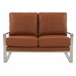 LeisureMod Jefferson Faux Leather Modern Loveseat With Gold Frame Cognac Tan